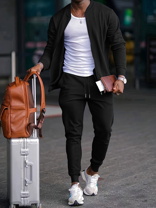 Men's Sporty Tracksuit Set - Full-Zip Jacket and Drawstring Trousers