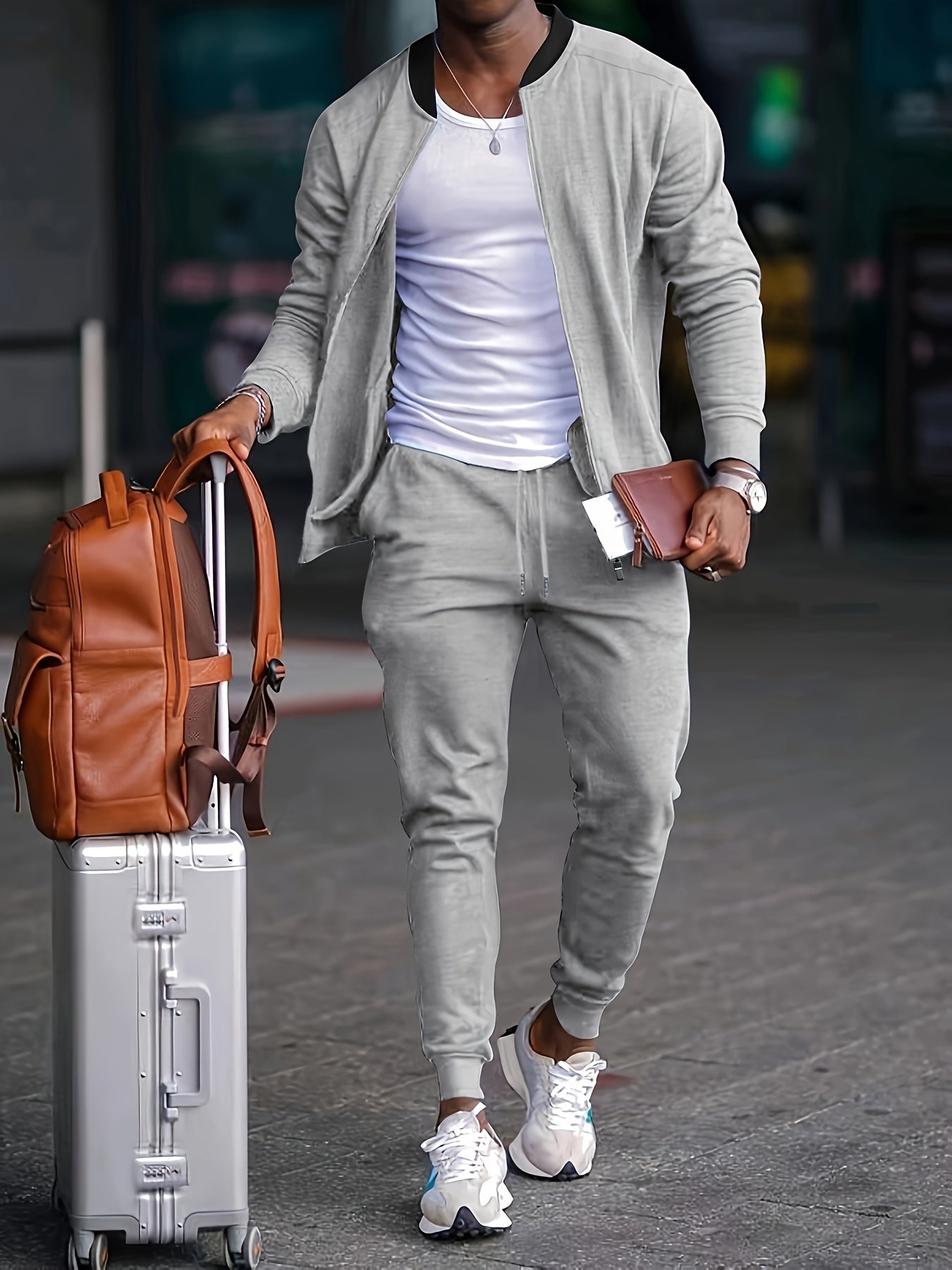 Men's Sporty Tracksuit Set - Full-Zip Jacket and Drawstring Trousers