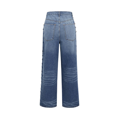 Women’s Blue Denim Jeans with Rivet Detail Loose Fit, Non-Stretch